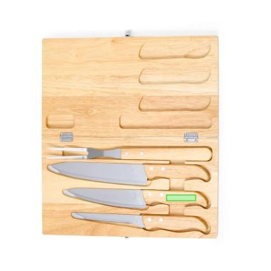 Set de 4 cuchillos de cocina en estuche de madera personalizado, zona de impresión marcada, otro ángulo lateral