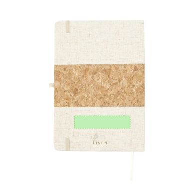 Bloc de notas de corcho y lino personalizado, zona de impresión marcada muy pequeña