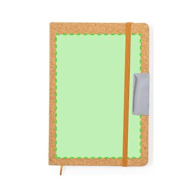Set de bloc y bolígrafo en corcho personalizado, otra vista de la goma elástica