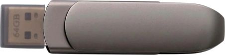 Memoria USB de 64GB de aleación de zinc personalizada en grafito mate, apoyada junto a la caja metálica