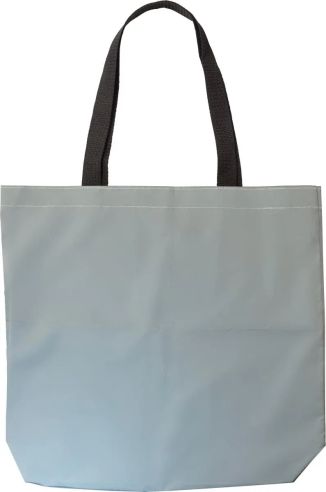 Bolsa reflectante de poliéster personalizada en gris con asas negras, otra vista frontal