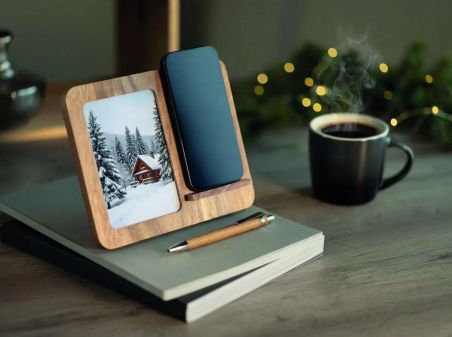 Cargador Inalámbrico de Madera de Acacia con Marco Personalizado
