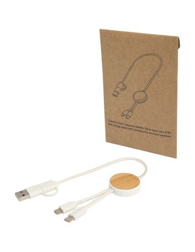 Cable 5 en 1 de plástico reciclado de 30 cm para sincronización de datos y carga rápida de 27 W con detalles de bambú Personaliz