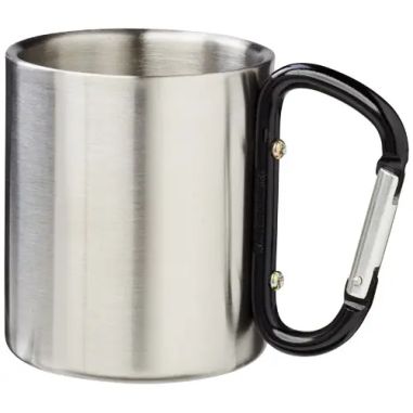 Taza isotérmica de 200 ml con mosquetón negro, vista de perfil