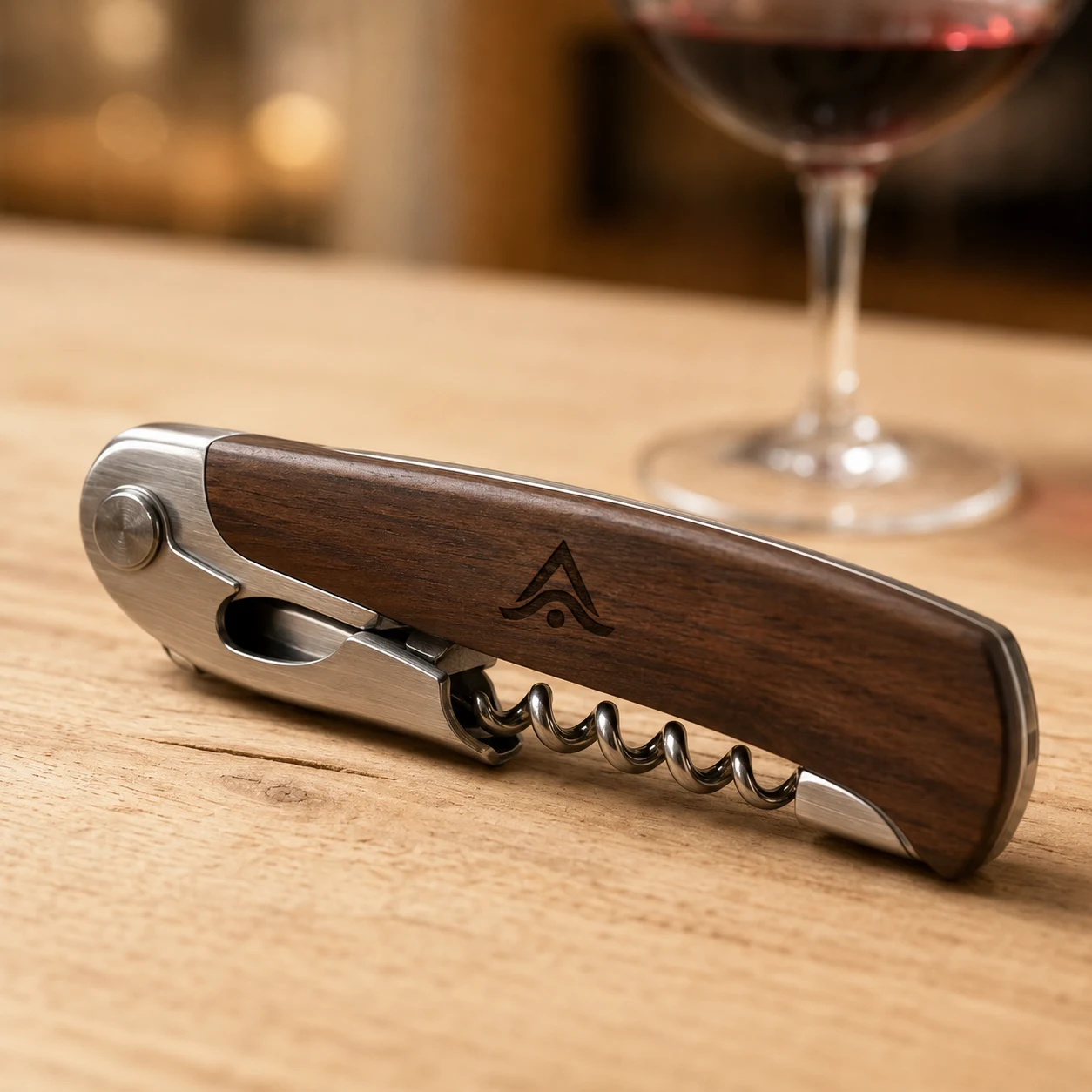 Abridor de vino personalizado con logo sobre una mesa de evento de empresa
