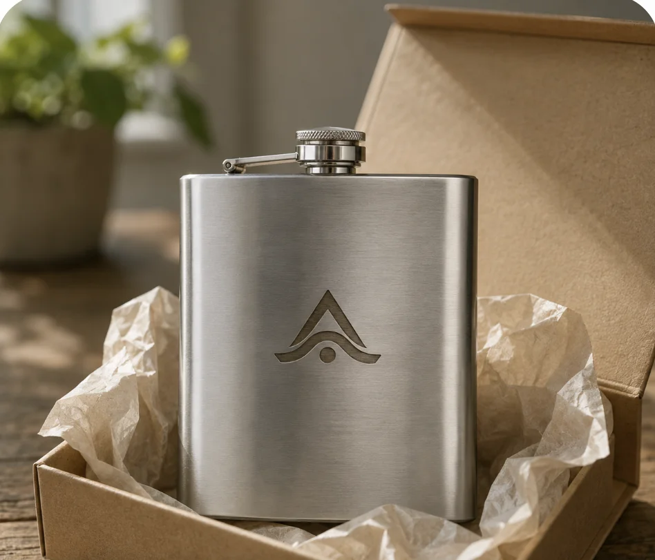 Petaca de acero personalizada con el logo grabado, presentada en una caja de regalo corporativo