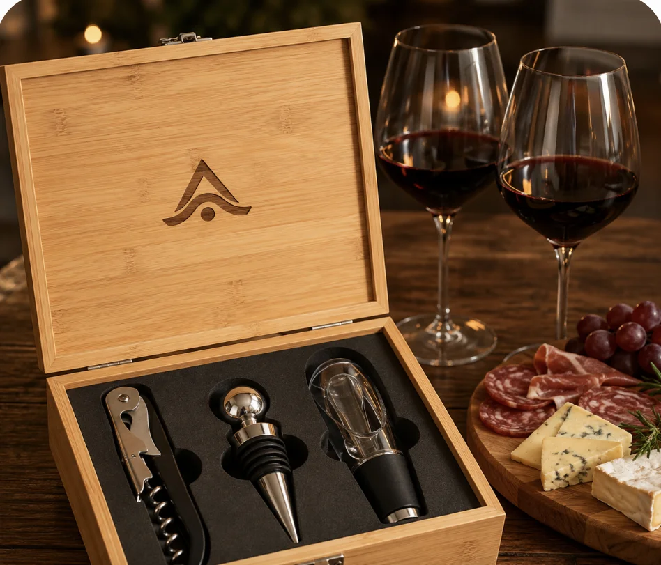 Set de vino en caja de bambú personalizada con el logo grabado en la tapa, junto a copas de vino y una tabla de quesos