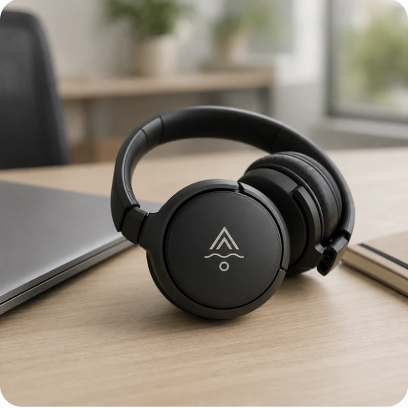 Auriculares personalizados con logo grabado, caso de uso en escritorio de oficina