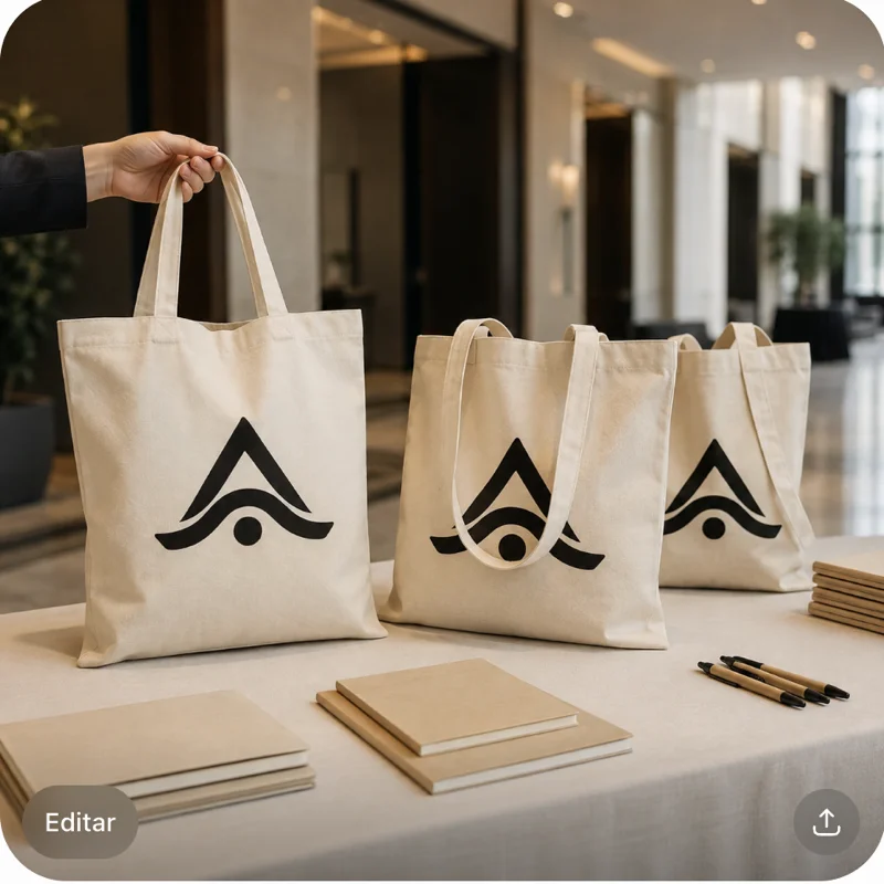 Bolsas de compra de algodón personalizadas con logo, entregadas en la mesa de registro de un congreso junto a libretas y bolígrafos