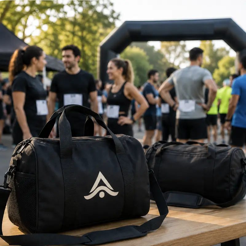 Bolsas deportivas personalizadas con logo en un stand de salida de una carrera corporativa