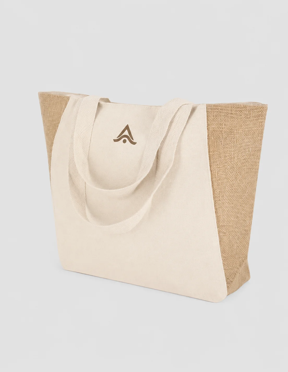 Bolsa de algodón y yute con base reforzada y logo serigrafiado en el panel frontal