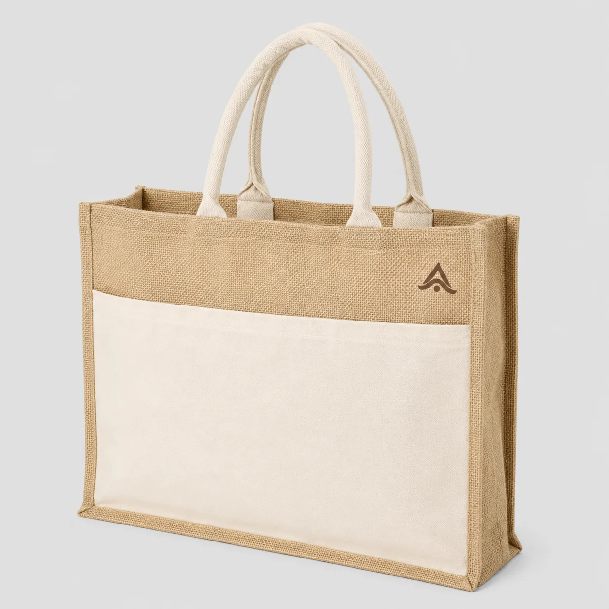 Bolsa tote de yute con bolsillo de algodón y asas acolchadas, con logo serigrafiado