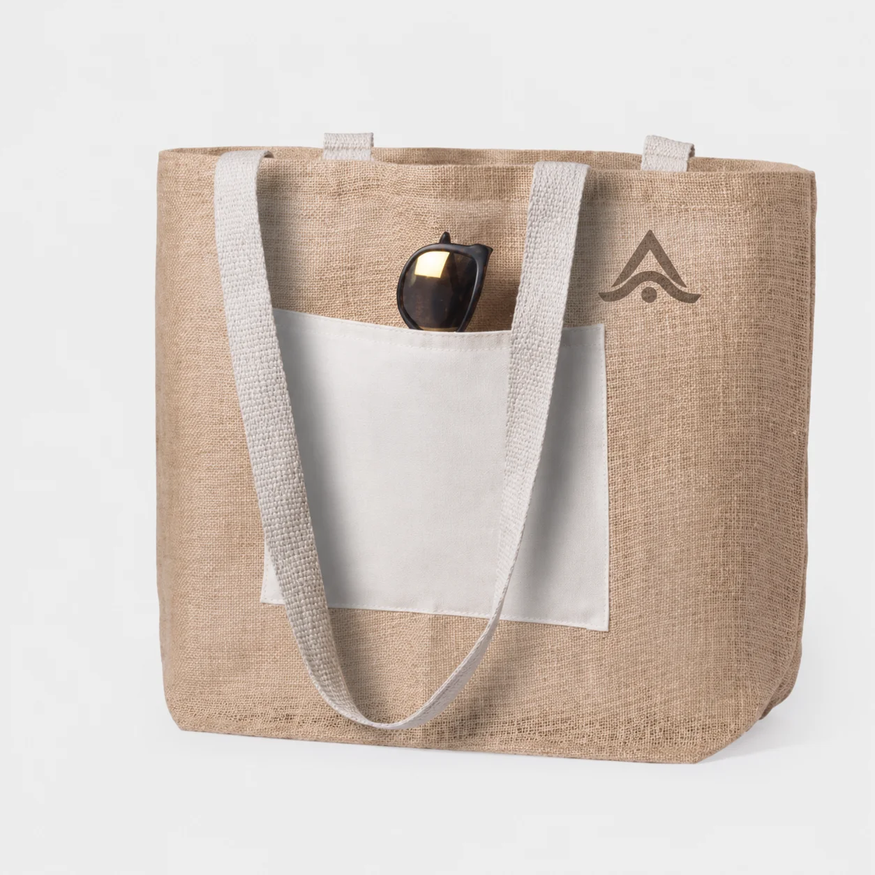 Bolsa de yute con asas largas y bolsillo frontal de algodón crudo, con logo serigrafiado