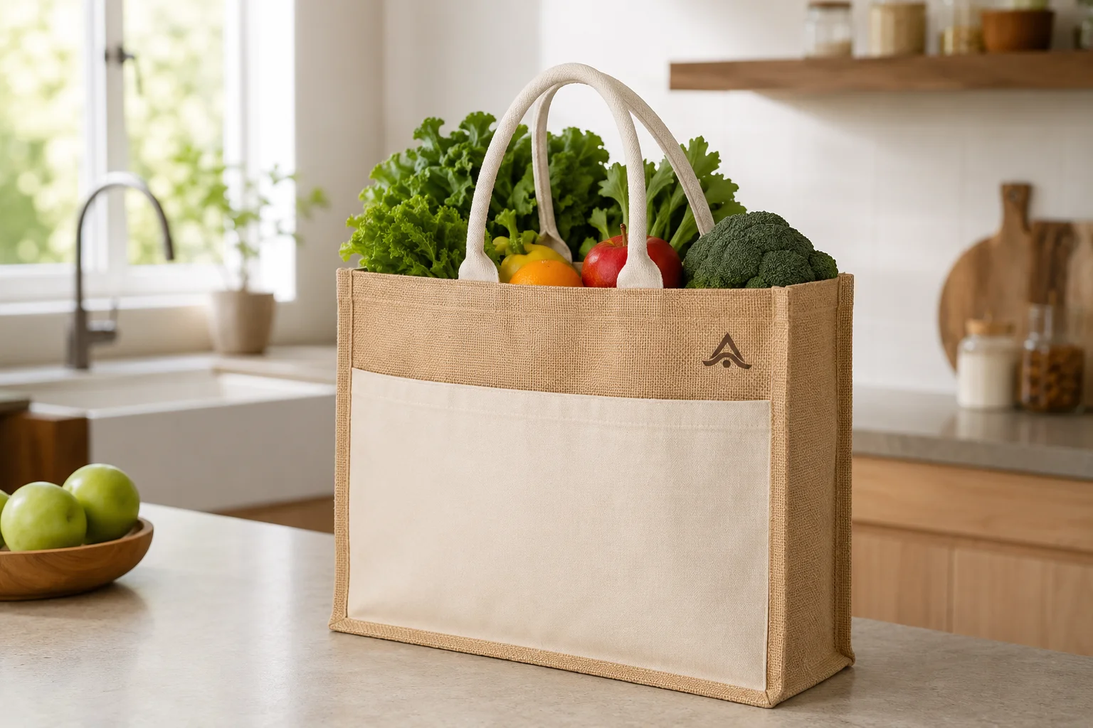 Bolsa de yute personalizada con logo, en una cocina con fruta y verdura dentro