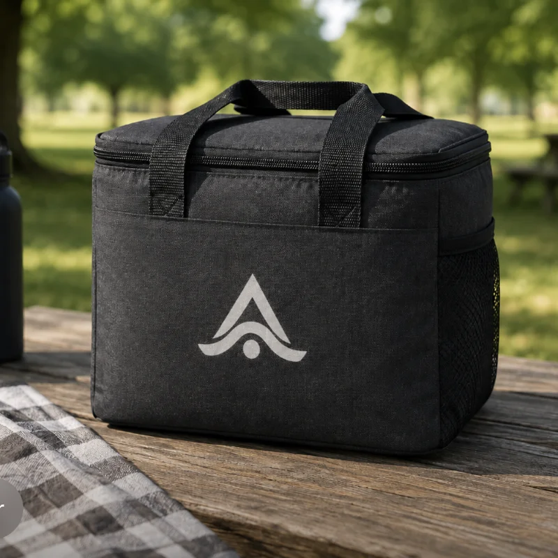 Bolsa nevera personalizada con logo sobre una mesa de picnic en un evento de empresa al aire libre
