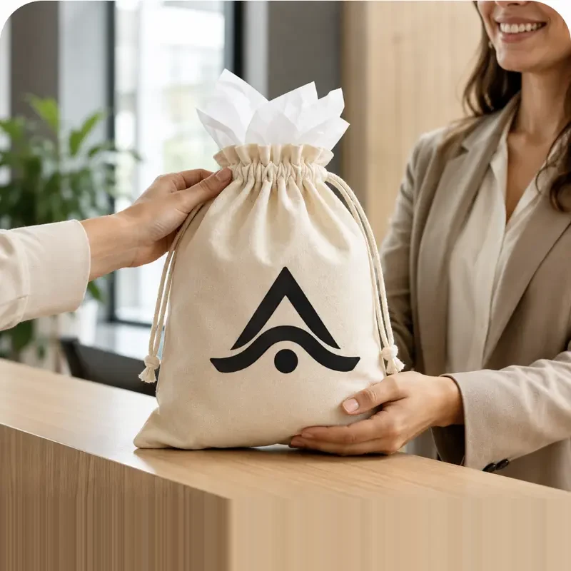 Bolsa de regalo de tela personalizada con logo, entregada en la recepción de una oficina