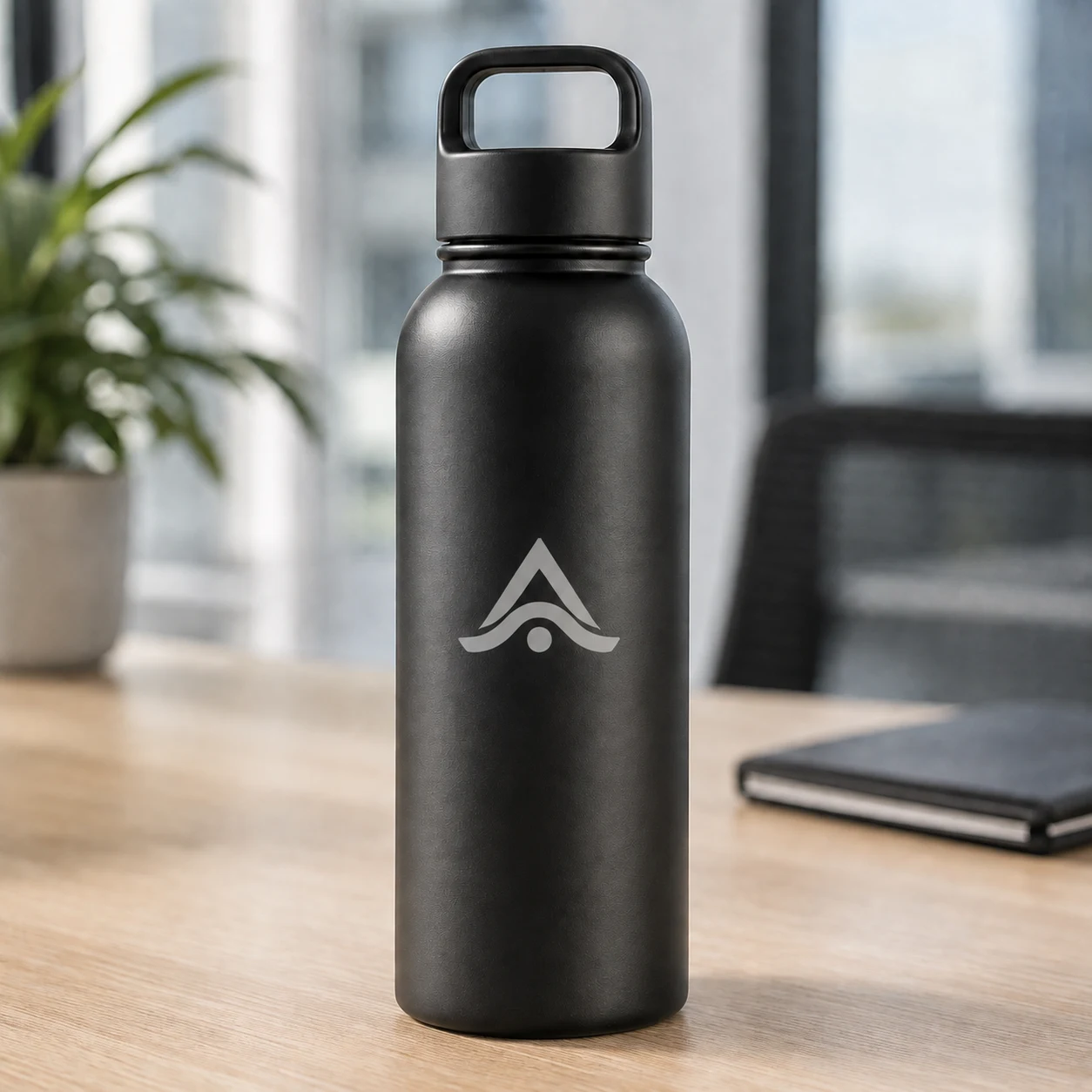 Botella de acero personalizada negra con logo grabado en un escritorio de oficina