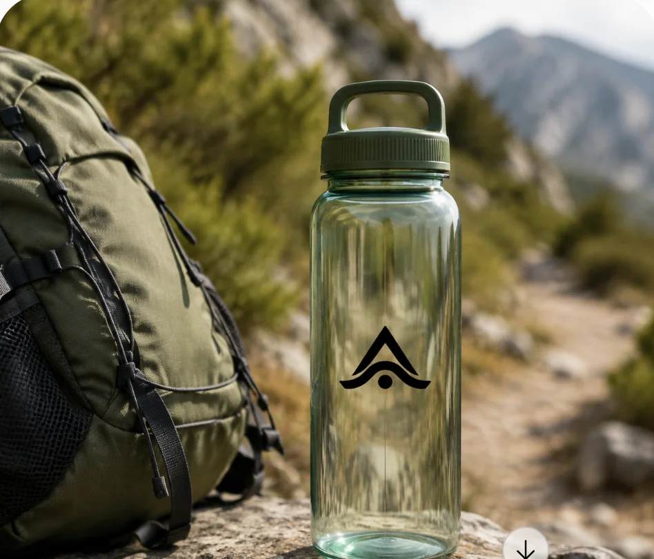 Botella de plástico reciclado rPET personalizada con el logo grabado, en un sendero de montaña