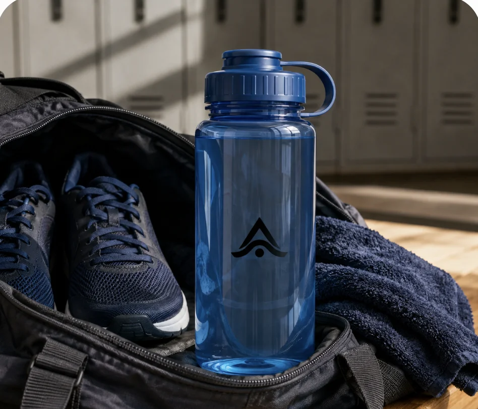 Botella deportiva de Tritan personalizada con el logo grabado, en una bolsa de deporte