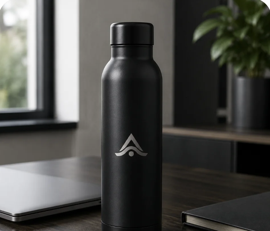 Botella térmica de acero inoxidable personalizada con el logo grabado, sobre un escritorio de oficina