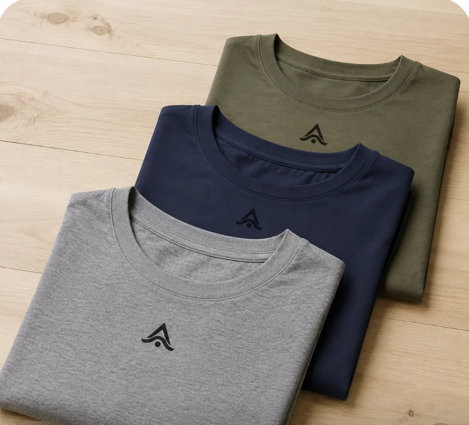 Tres camisetas personalizadas dobladas mostrando algodon, tejido tecnico y algodon organico, cada una con el logo en el pecho