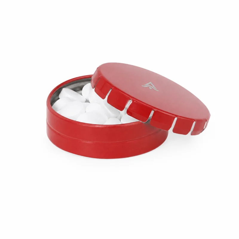 Dispensador metálico de caramelos personalizado en rojo
