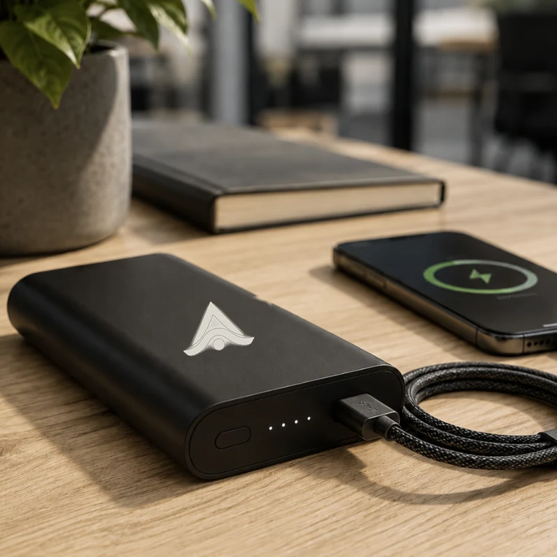 Power bank personalizado con logo grabado, junto a un cable de carga sobre una mesa de oficina