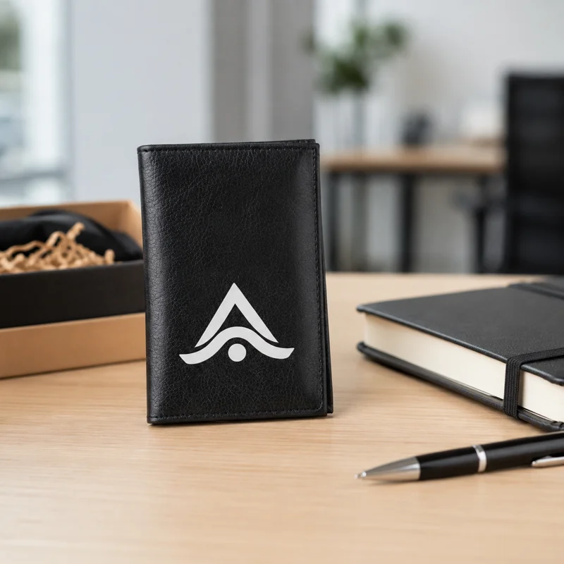 Tarjetero de piel personalizado con logo, parte de un kit de bienvenida de empresa