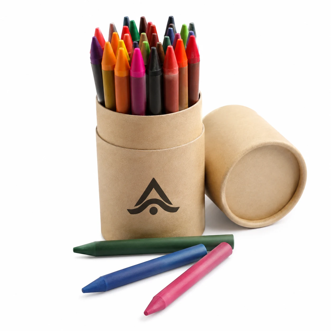 Caja de cartón con 30 ceras de colores personalizada con el logo impreso