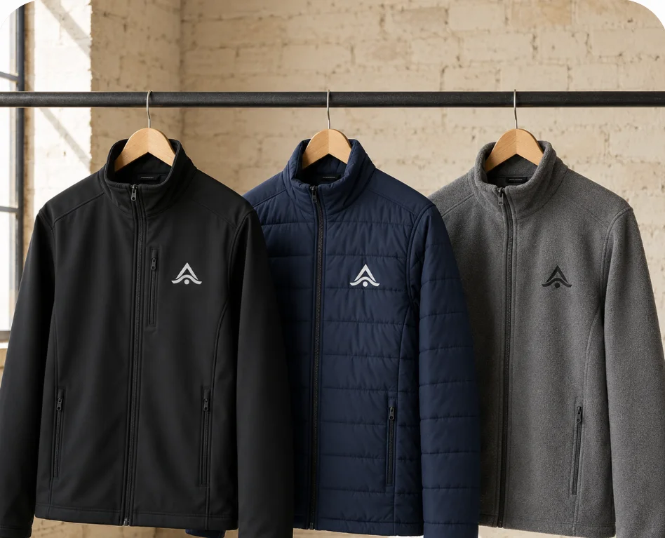 Tres chaquetas personalizadas colgadas en percha: softshell, acolchada y forro polar, cada una con el logo en el pecho