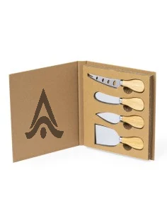 Set de utensilios para queso personalizado con 4 modelos distintos en estuche de cartón