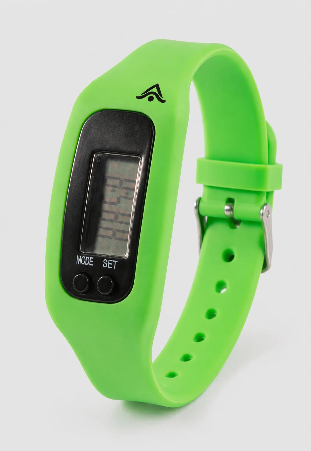 Podómetro de pulsera personalizado en silicona verde con logo impreso en la banda