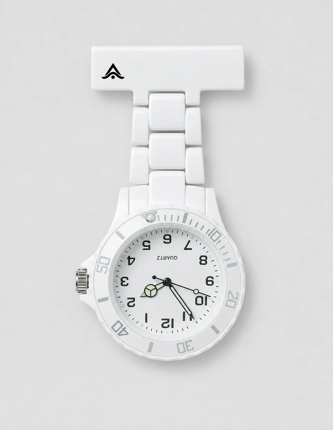 Reloj de enfermera analógico personalizado en blanco, con logo impreso en el clip