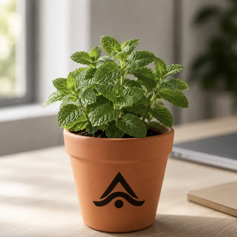 Maceta de terracota personalizada con logo y planta de menta sobre un escritorio de oficina