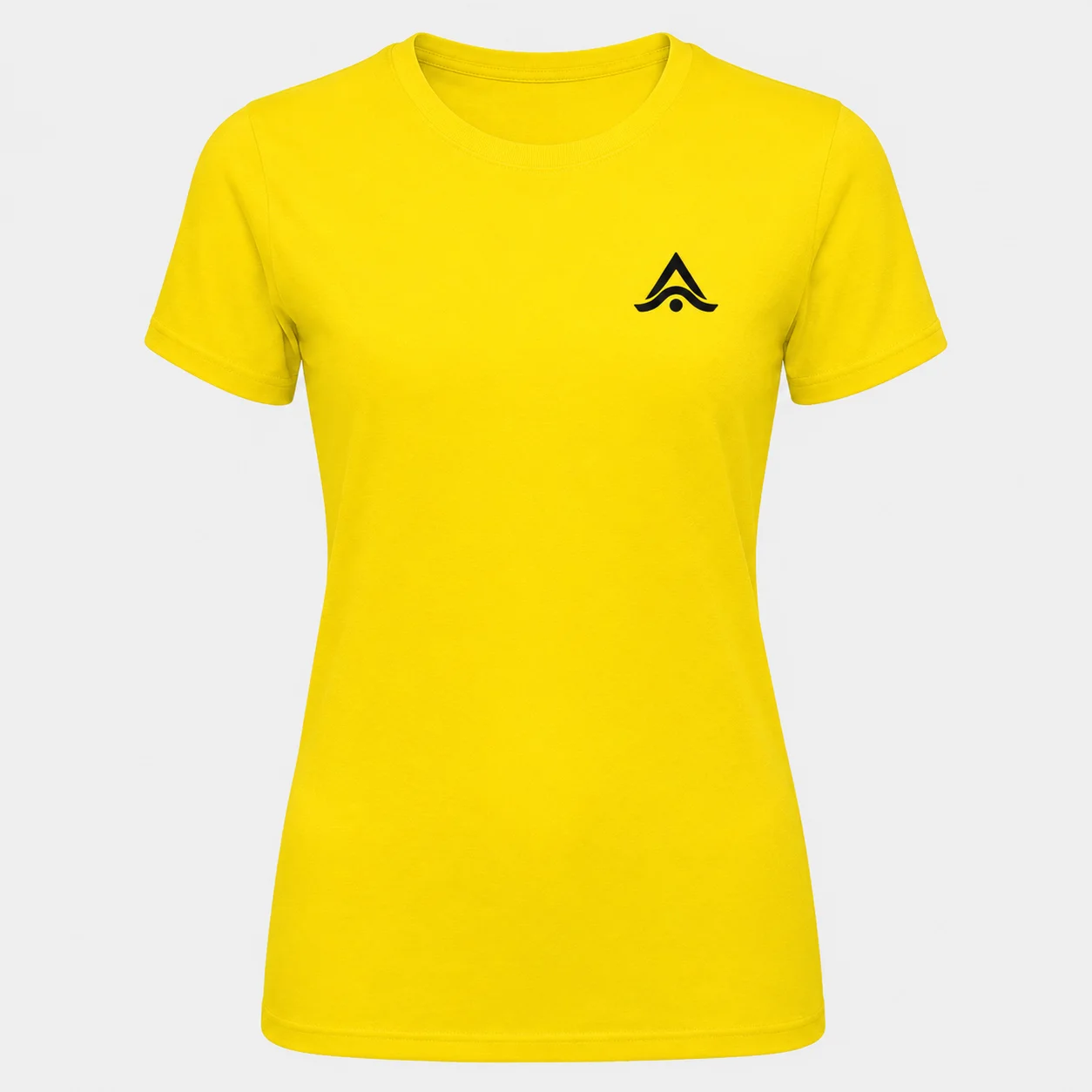 Camiseta deportiva amarilla de manga corta para mujer con logo bordado en el pecho