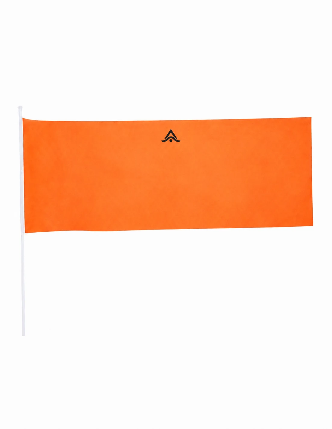 Banderín personalizado con logo serigrafiado en negro sobre tela naranja, para señalizar un stand en ferias y eventos