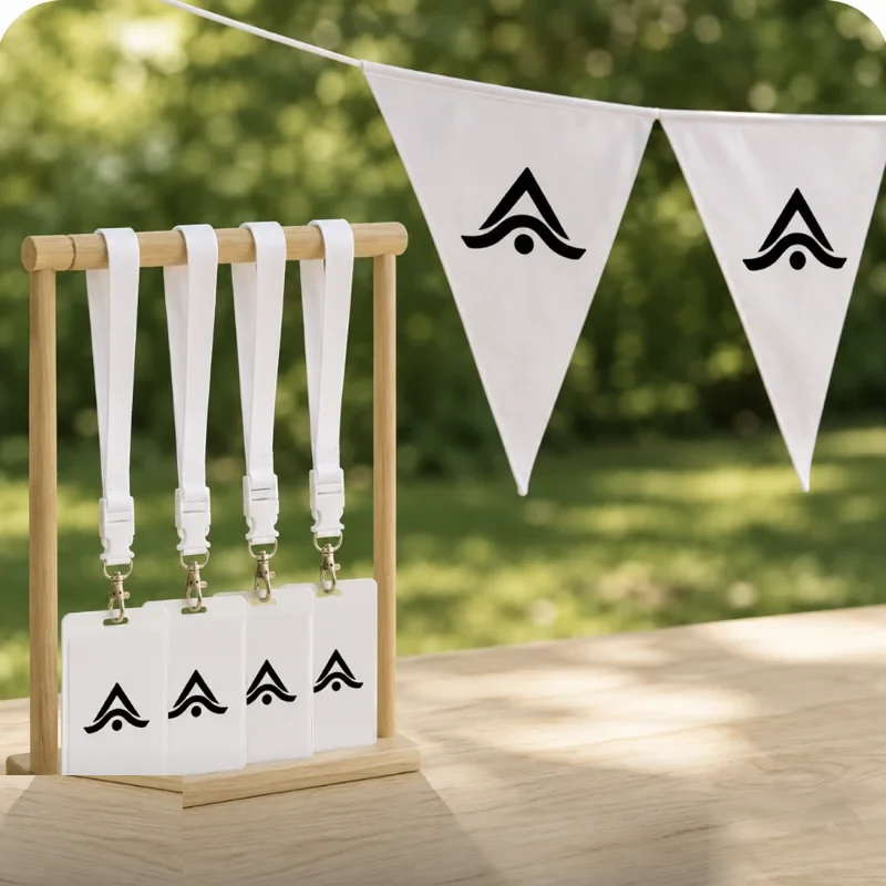 Lanyards y banderines personalizados con logo en un expositor de una feria al aire libre