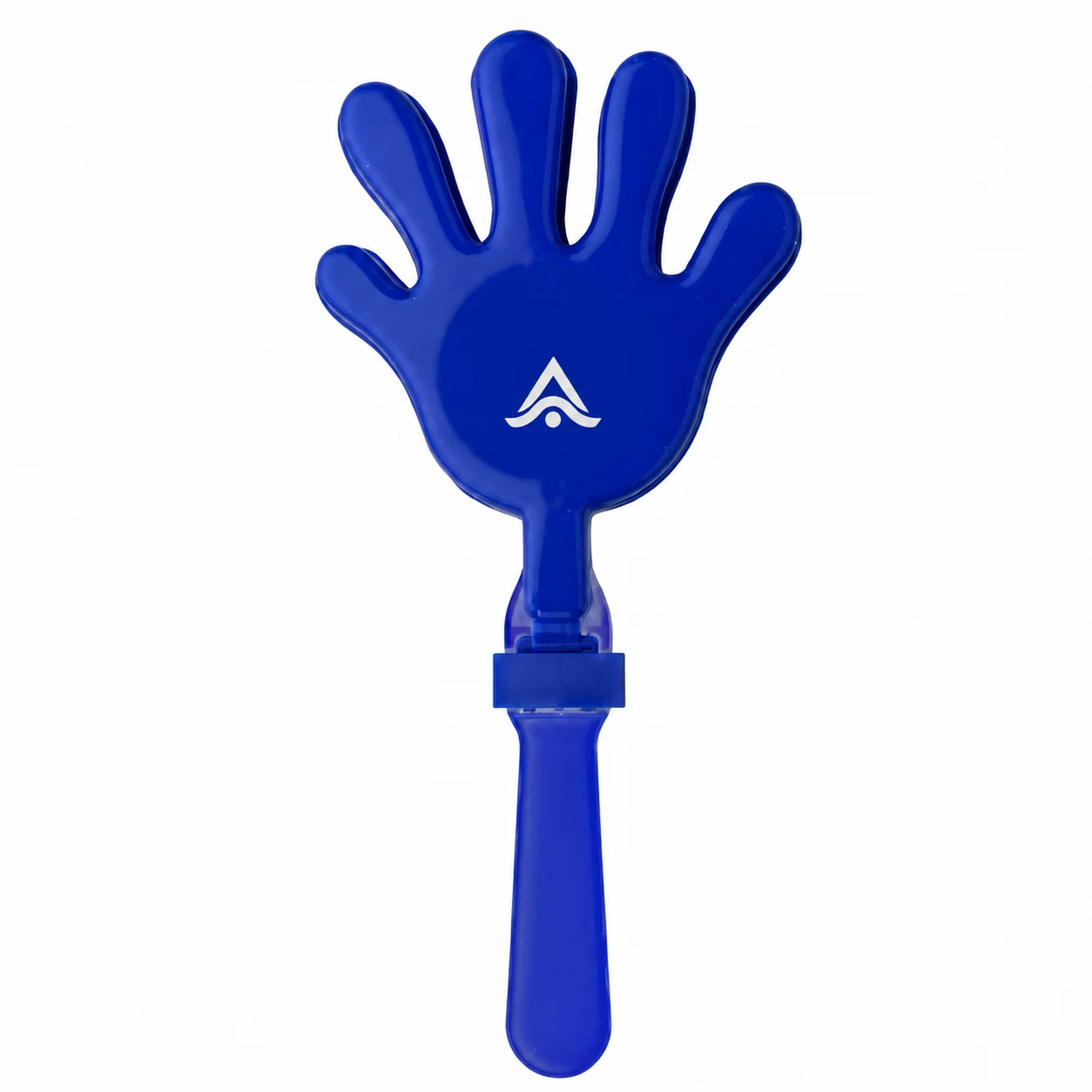 Mano aplaudidora azul de plástico PP personalizada con logo tampografiado en blanco, para animación en eventos deportivos y festivales