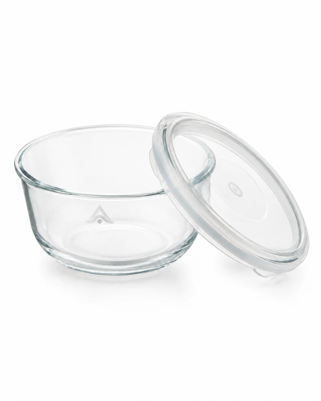 Ensaladera de vidrio borosilicato personalizada con logo esmerilado, con ensalada fresca servida