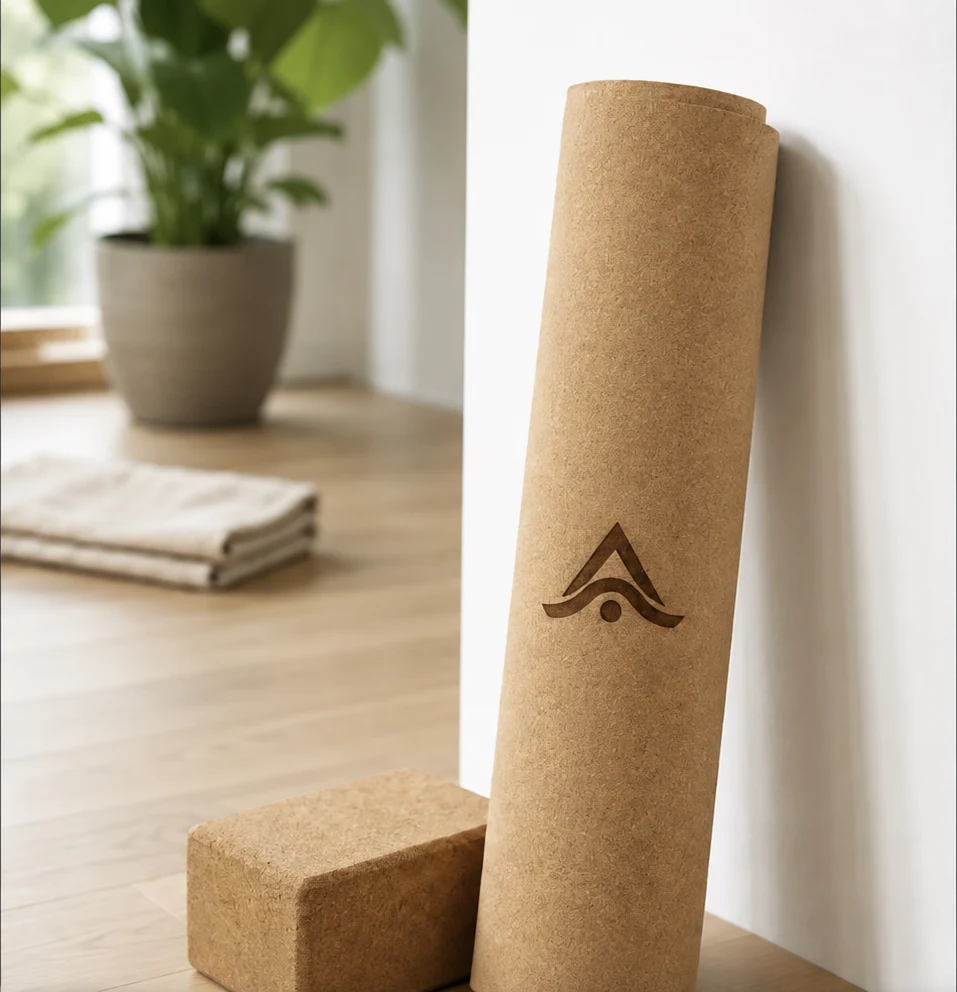 Esterilla de yoga de corcho personalizada con logo, apoyada junto a un bloque de yoga en un estudio