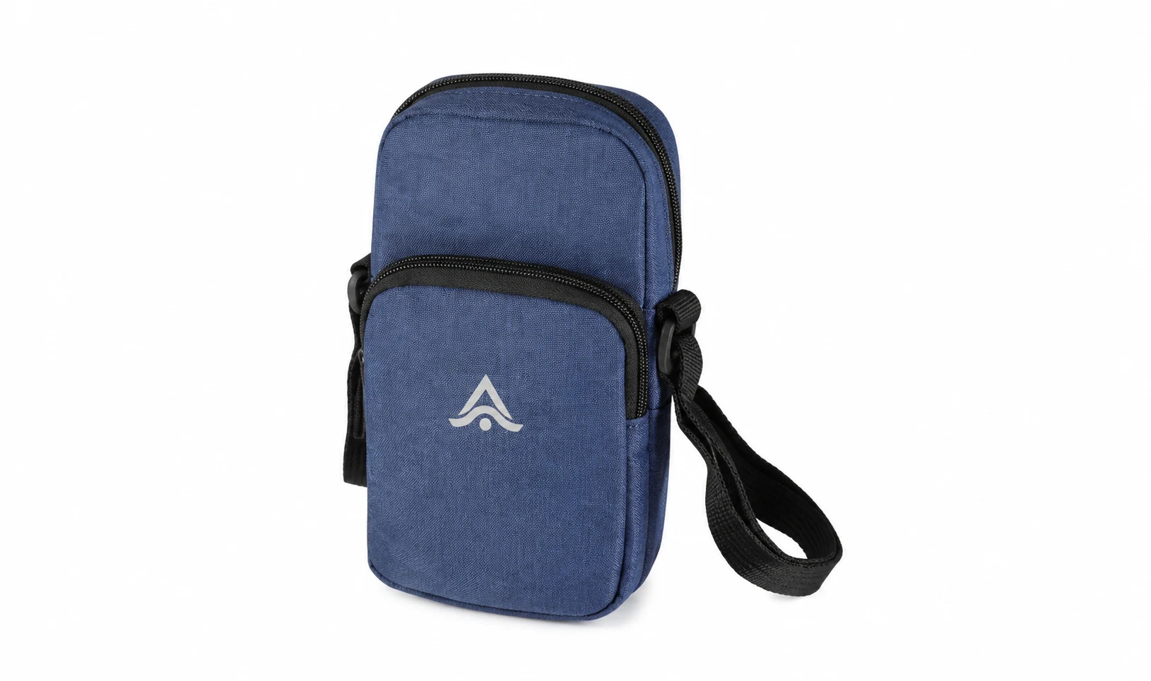 Funda de móvil tipo bandolera azul de material reciclado personalizada con el logo impreso