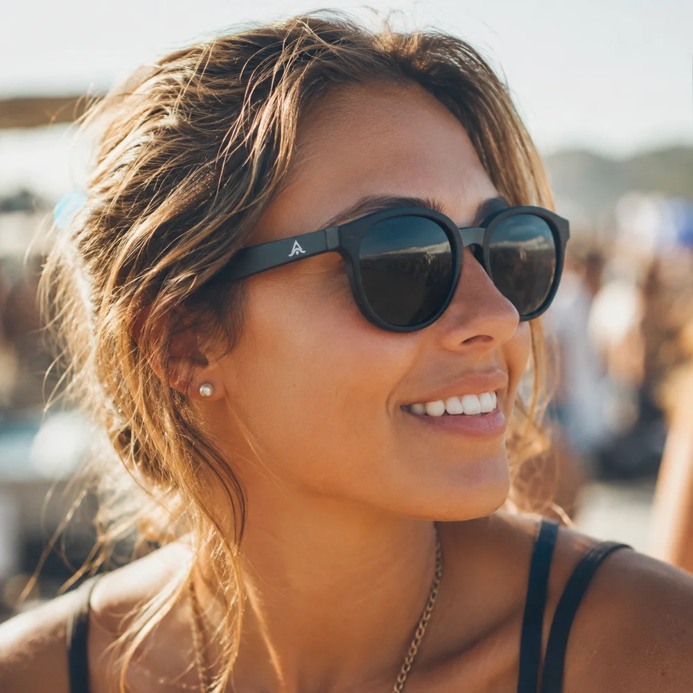 Modelo usando gafas de sol personalizadas con logo en la patilla, evento de verano al aire libre