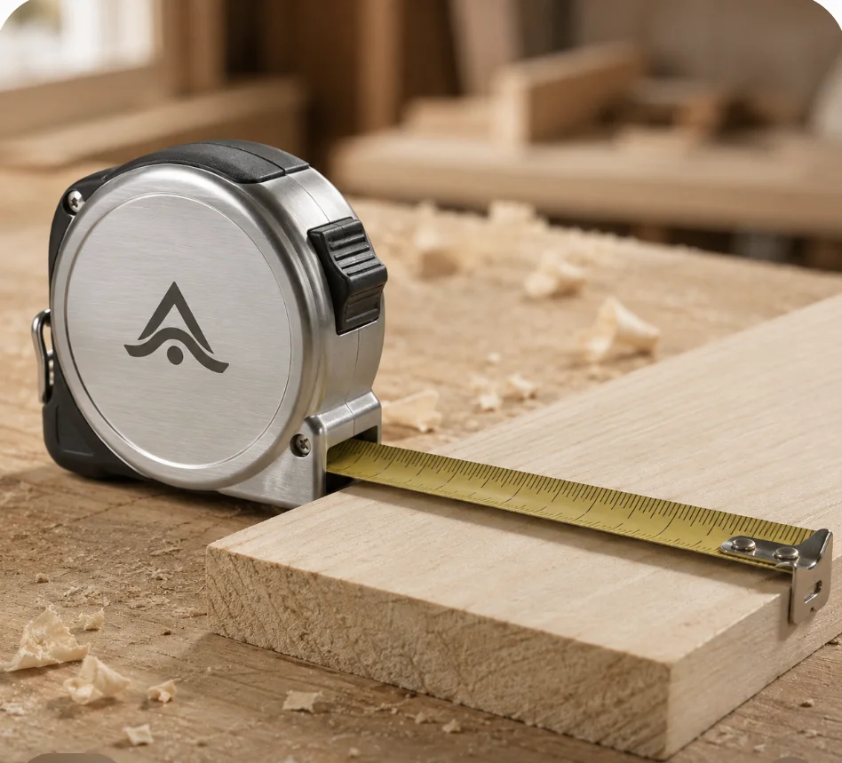 Flexómetro de aluminio personalizado con el logo grabado, en uso sobre una pieza de madera en el taller