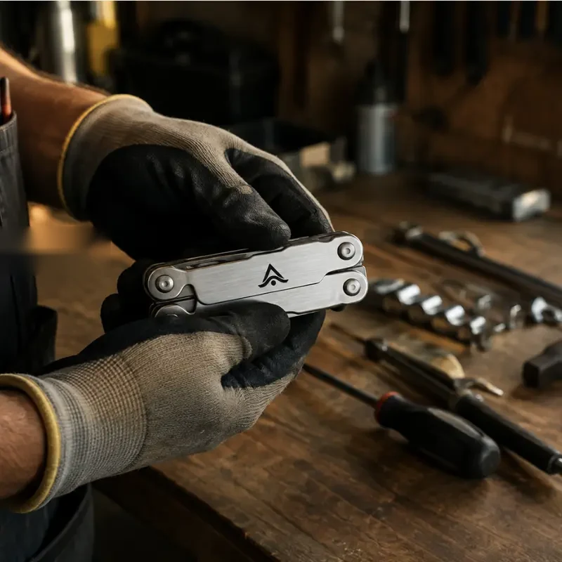 Multiherramienta personalizada con logo, en manos de un técnico en un taller