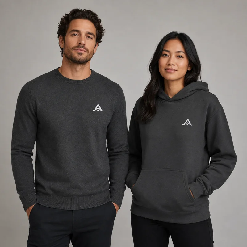 Modelo con jersey y modelo con sudadera con capucha personalizados, ambos con el logo bordado en el pecho