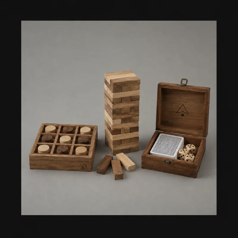 Comparativa de juegos de mesa de madera personalizados: dominó, 3 en raya y torre de equilibrio