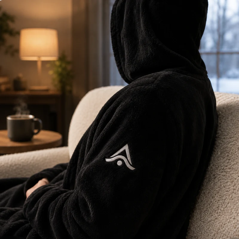 Manta con capucha personalizada en negro, puesta en el sofá con el logo bordado en la manga