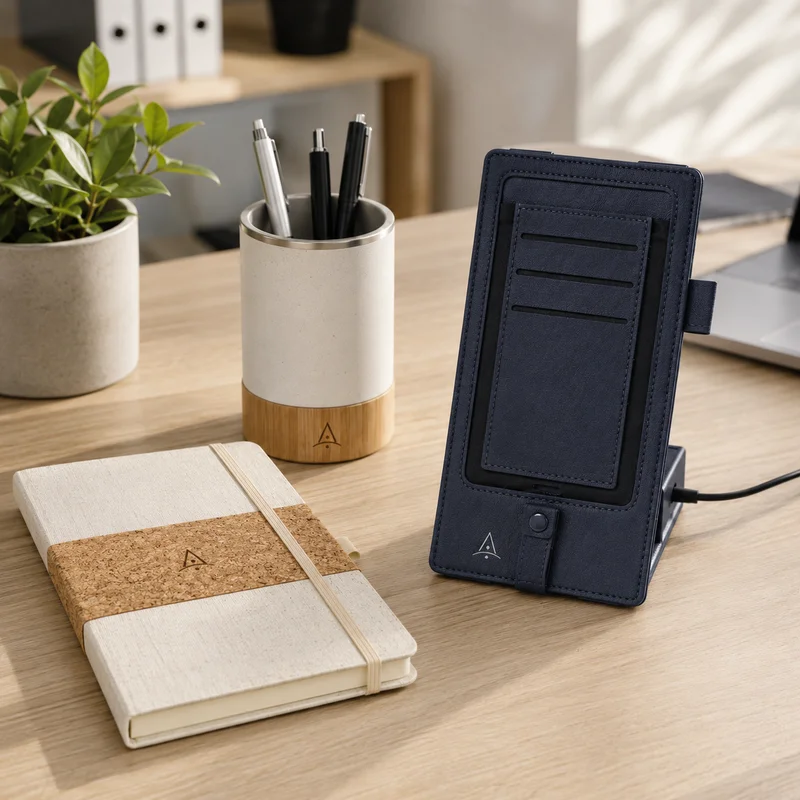 Kit de bienvenida con accesorios de oficina personalizados sobre un escritorio