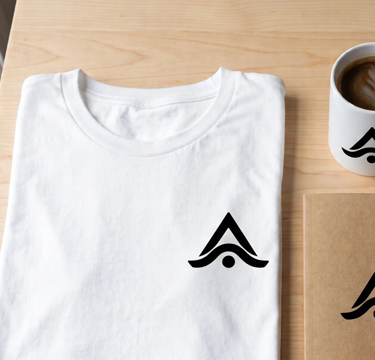 Camiseta, taza y libreta personalizadas con el logo de una marca sobre una mesa de madera clara