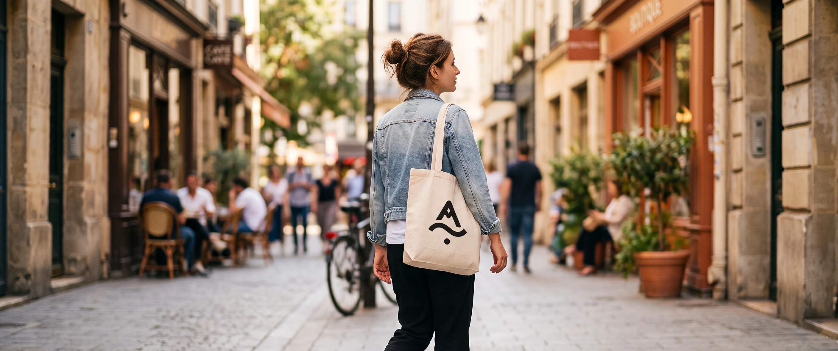 Persona caminando por la calle con una bolsa tote personalizada con el logo de una marca